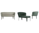 True Clara chair and sofas, lined up with different upholstery, curved wraparound backrest, and slim legs.