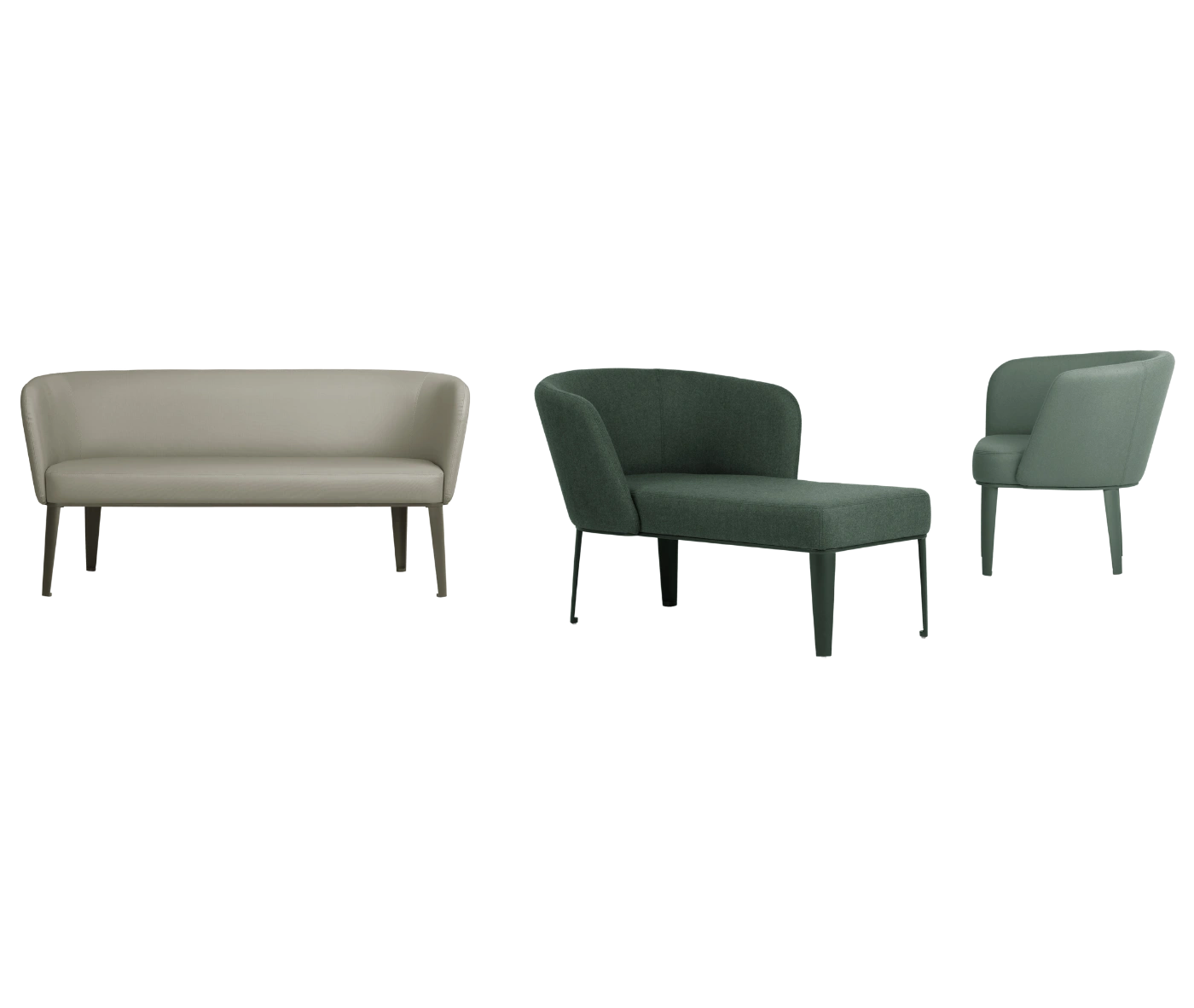 True Clara chair and sofas, lined up with different upholstery, curved wraparound backrest, and slim legs.