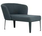 True Clara in front-right view, dark upholstery, wraparound backrest, and slim legs.