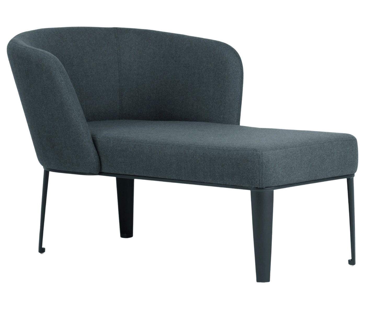 True Clara in front-right view, dark upholstery, wraparound backrest, and slim legs.