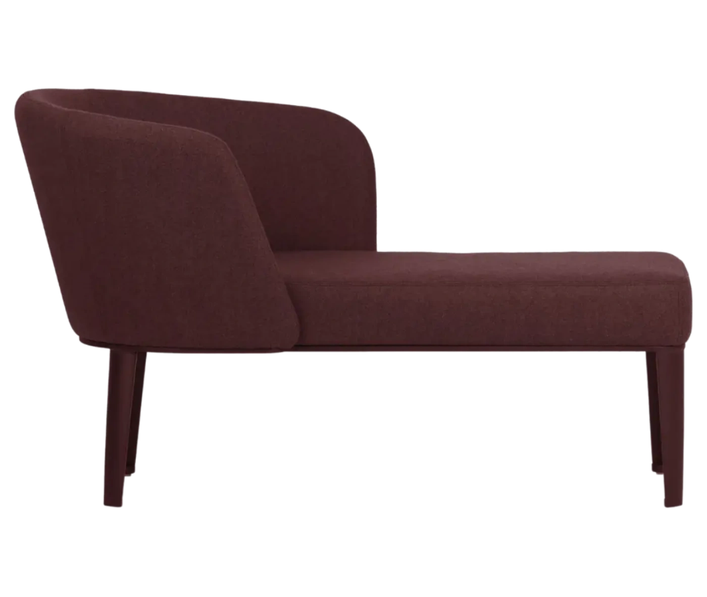 True Clara in left-side view, dark mauve upholstery, wraparound backrest, and slim legs.