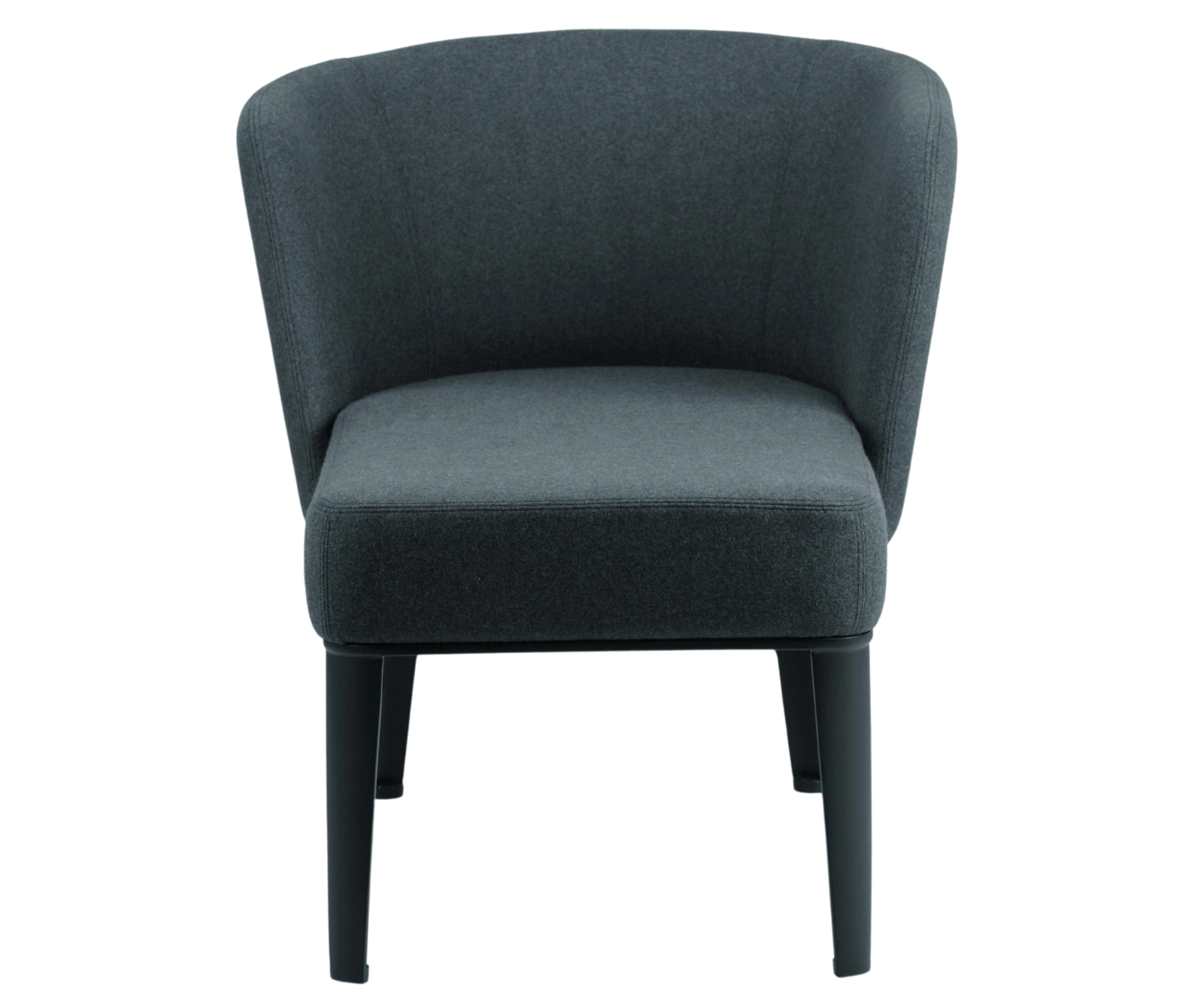 True Clara in front view, dark upholstery, wraparound backrest, and slim legs.