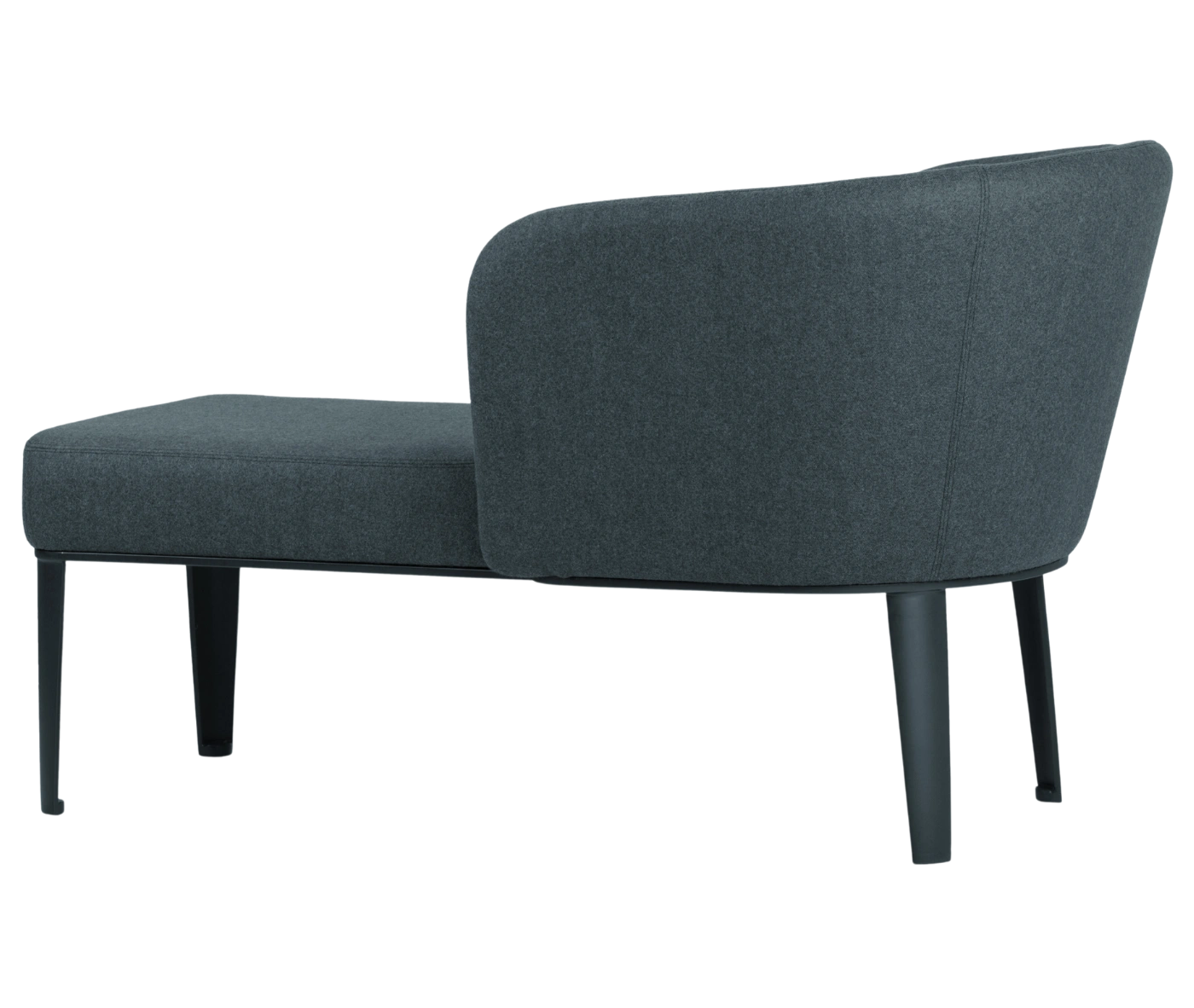 True Clara in left-side view, dark upholstery, wraparound backrest, and slim legs.