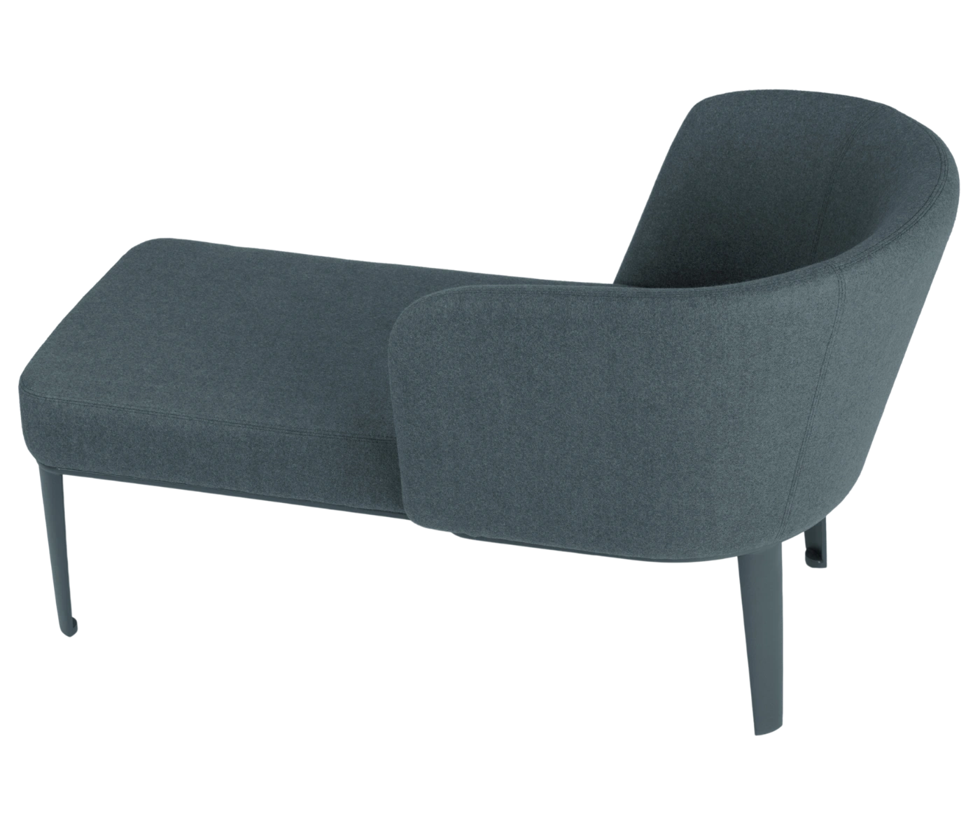 True Clara in top view, dark upholstery, wraparound backrest, and slim legs.