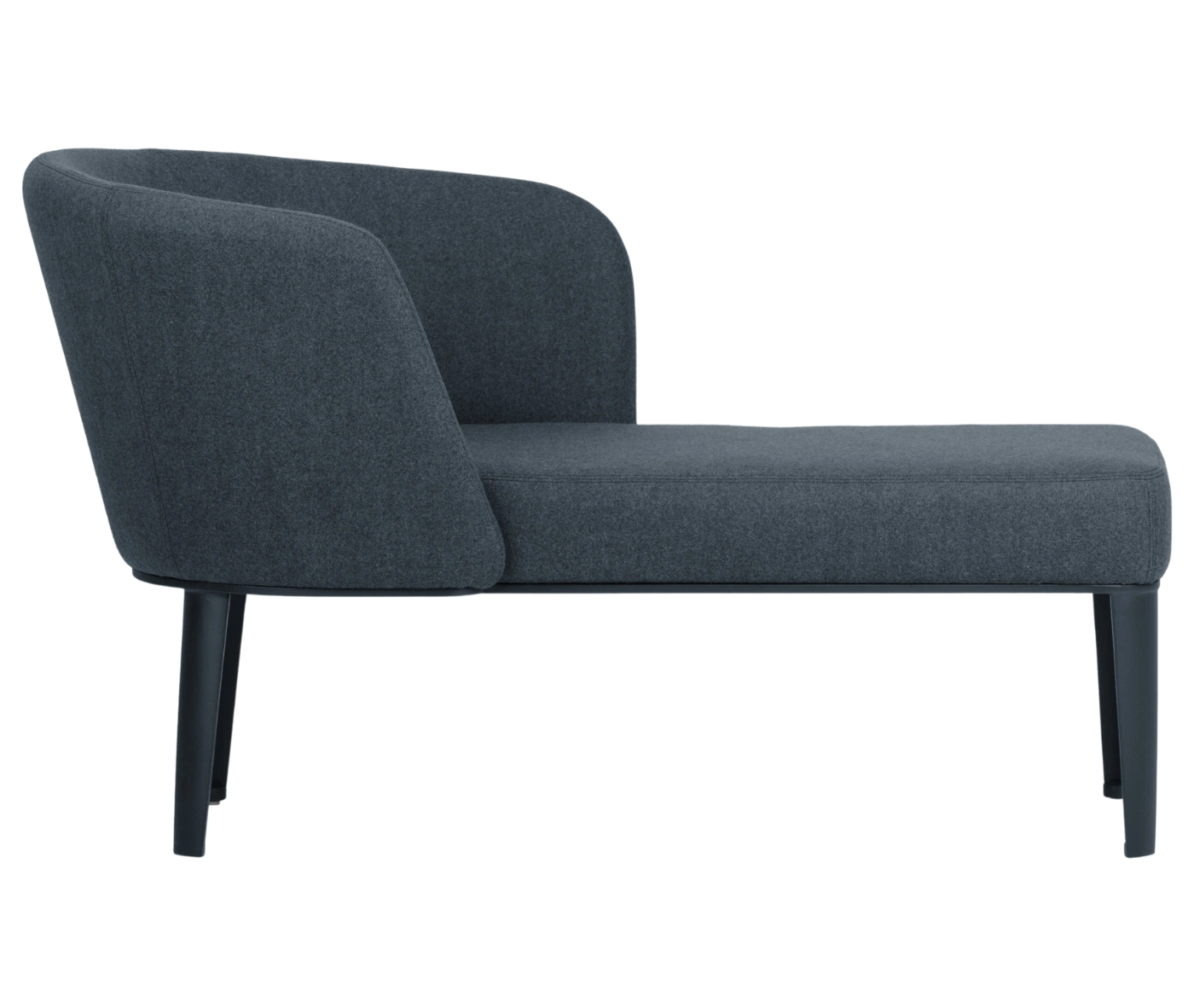 True Clara in right-side view, dark upholstery, wraparound backrest, and slim legs.