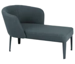 True Clara in angled view, dark upholstery, wraparound backrest, and slim legs.