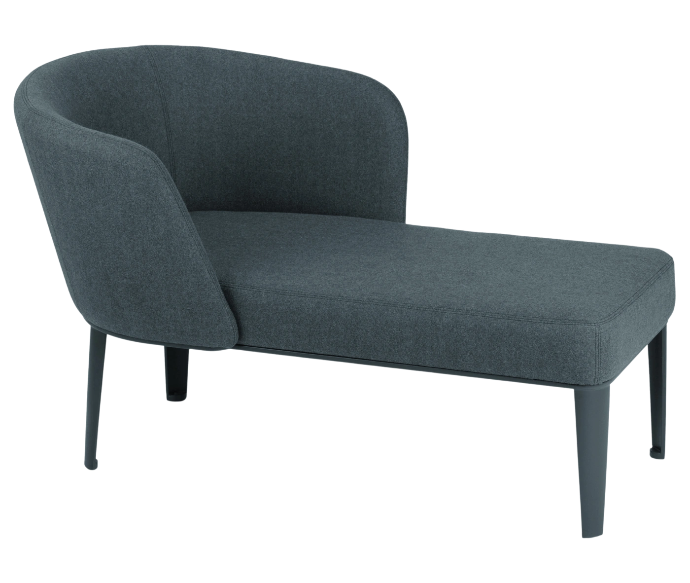 True Clara in angled view, dark upholstery, wraparound backrest, and slim legs.