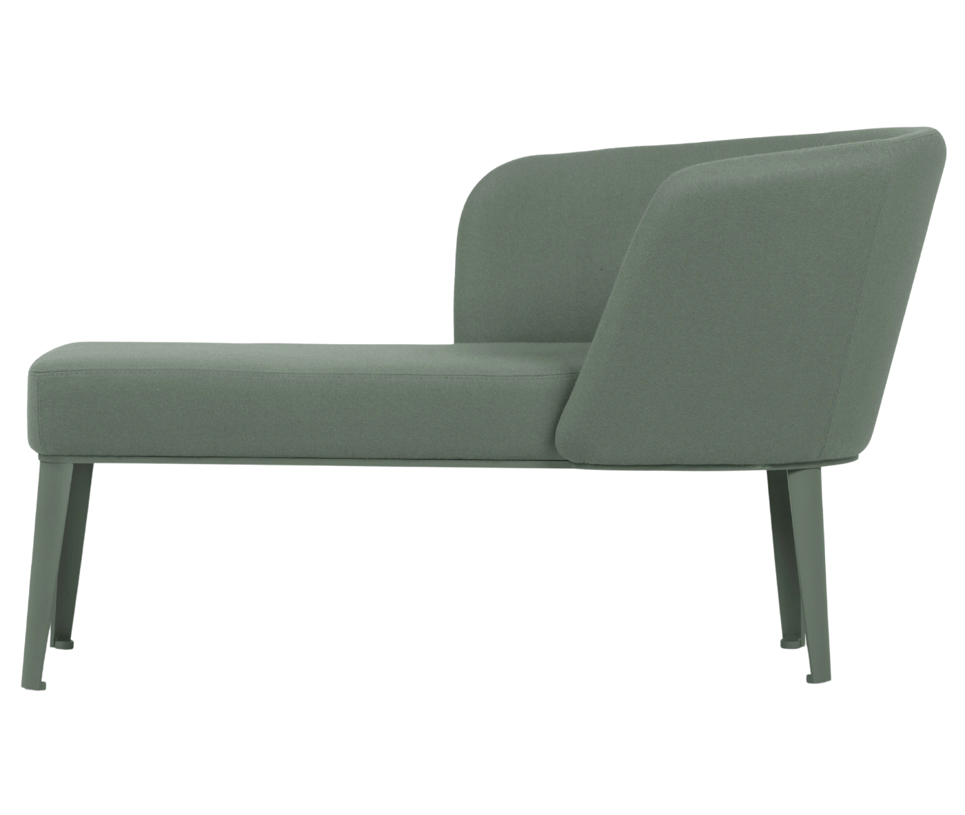 True Clara in left-side view, light sage green upholstery, wraparound backrest, and slim legs.