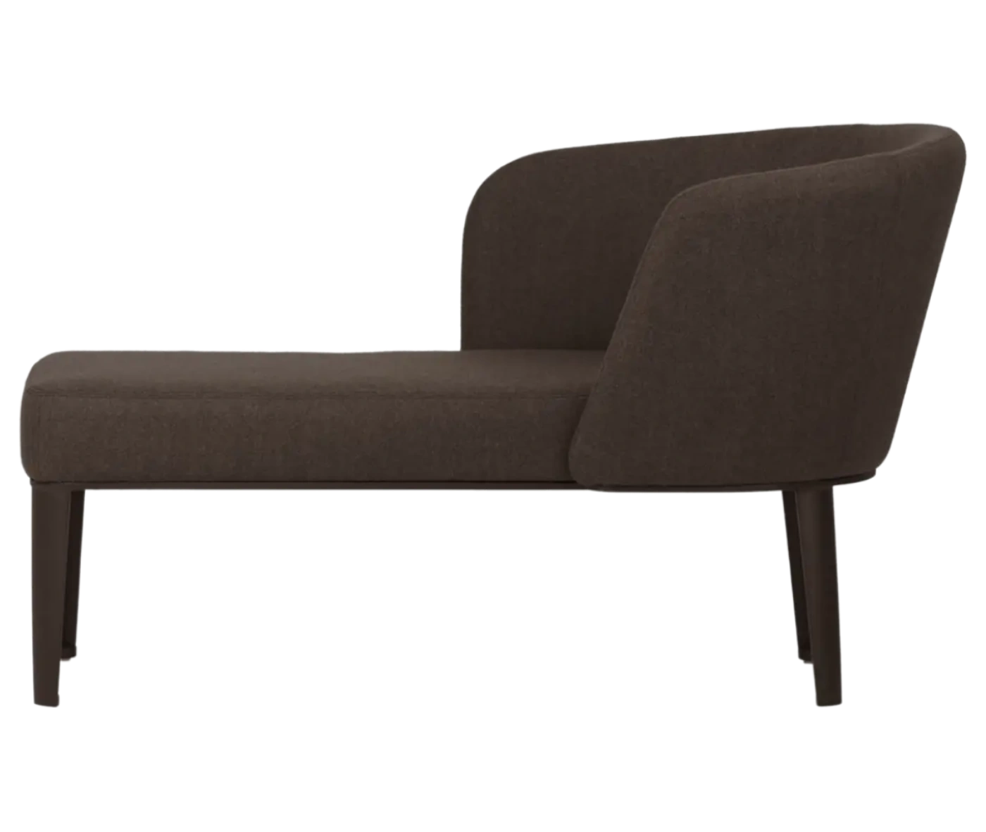 True Clara in left-side view, dark brown upholstery, wraparound backrest, and slim legs.
