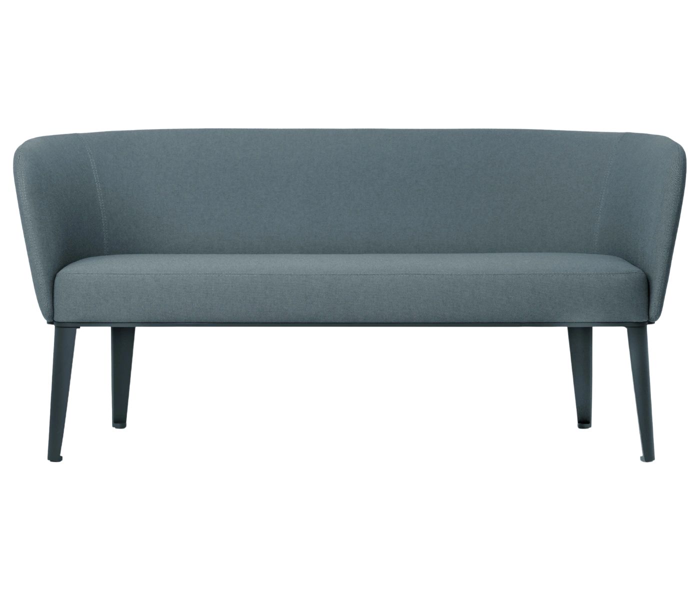 True Clara sofa shown from the front with dusty blue upholstery, a high curved backrest and slim legs.