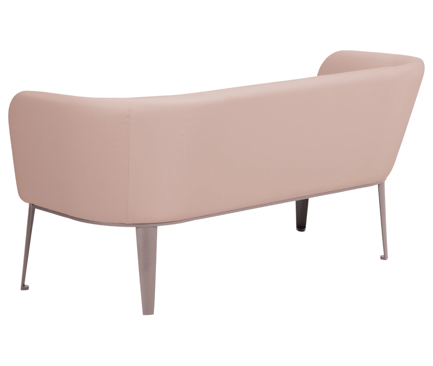 True Clara sofa in back view with light pink upholstery, a high curved backrest and slim legs.