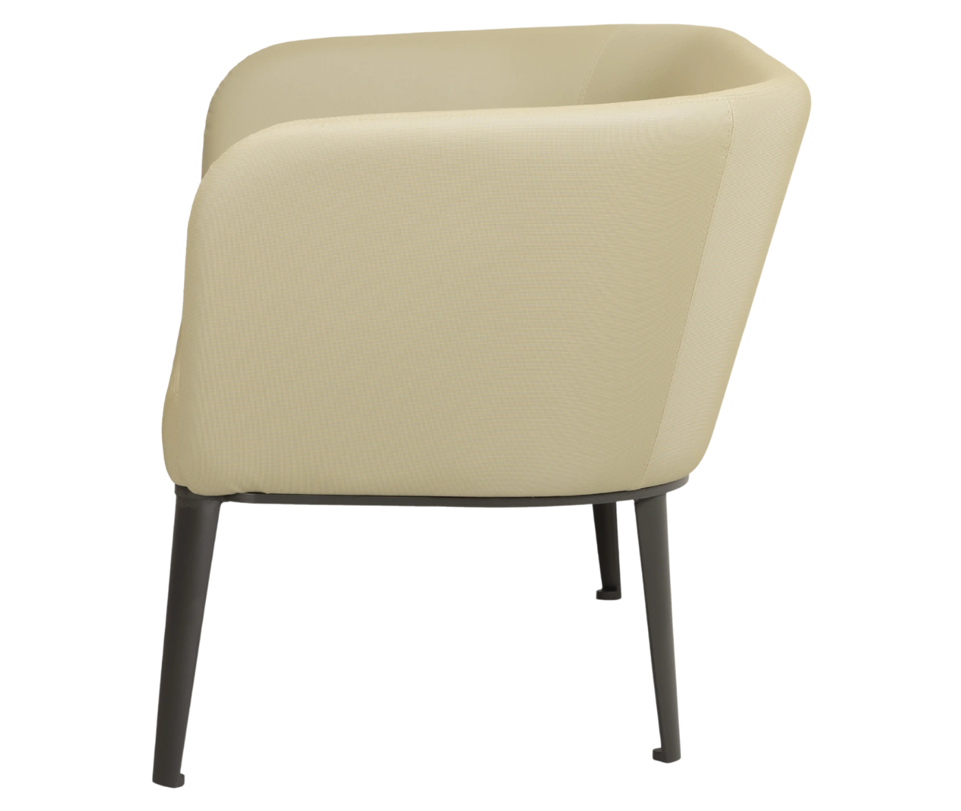 True Clara sofa in side view with light yellow upholstery, a high curved backrest and slim legs.