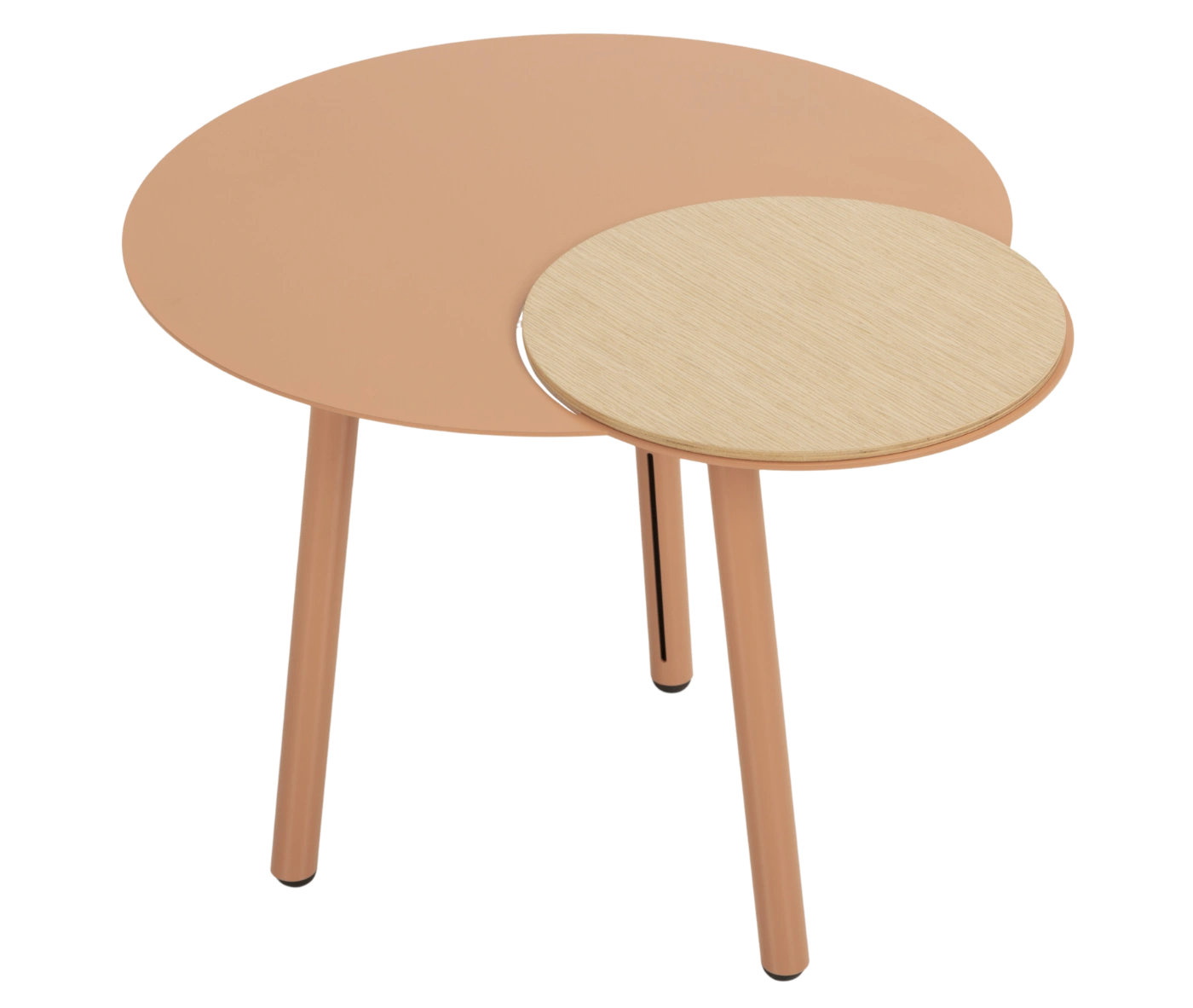True Cloud round table, top view, light sand finish, with removable timber accent, and slim angled legs.
