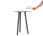 True Cloud side table with a dark gray round tabletop with a removable wooden serving tray and tapered legs.
