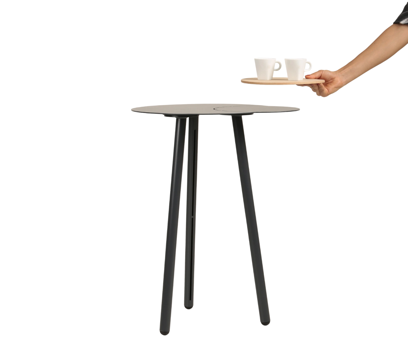 True Cloud side table with a dark gray round tabletop with a removable wooden serving tray and tapered legs.