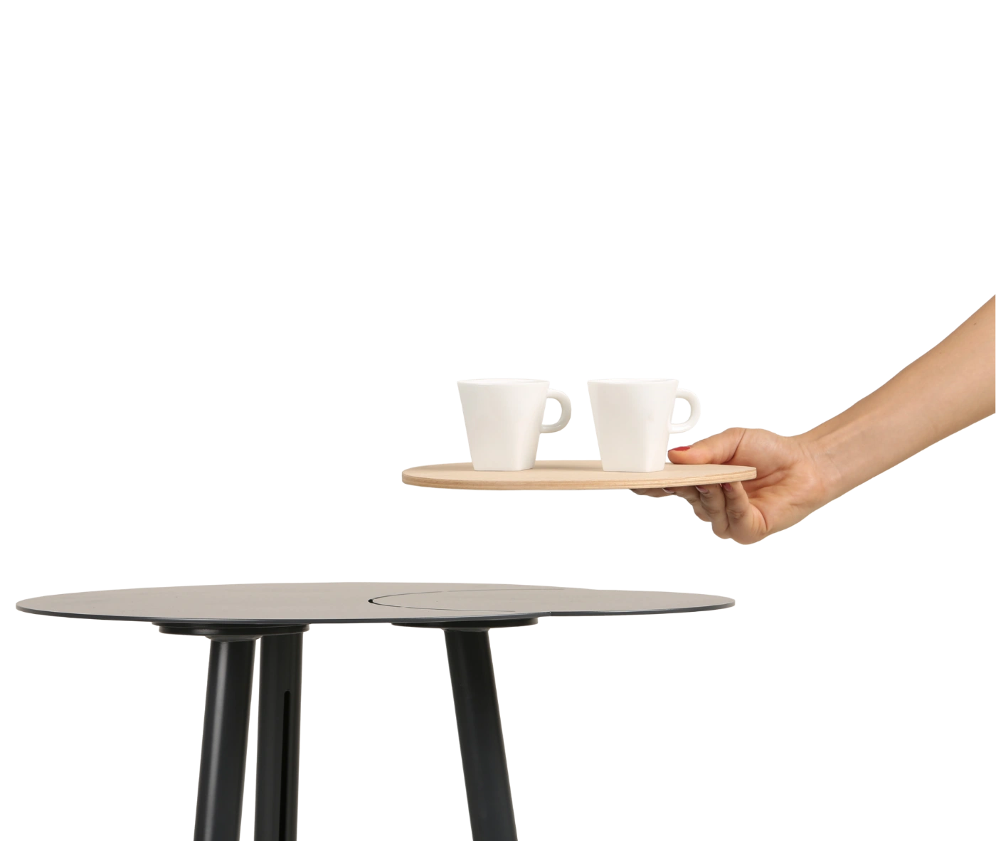 True Cloud side table, close-up view with a dark gray round tabletop and a removable wooden serving tray.