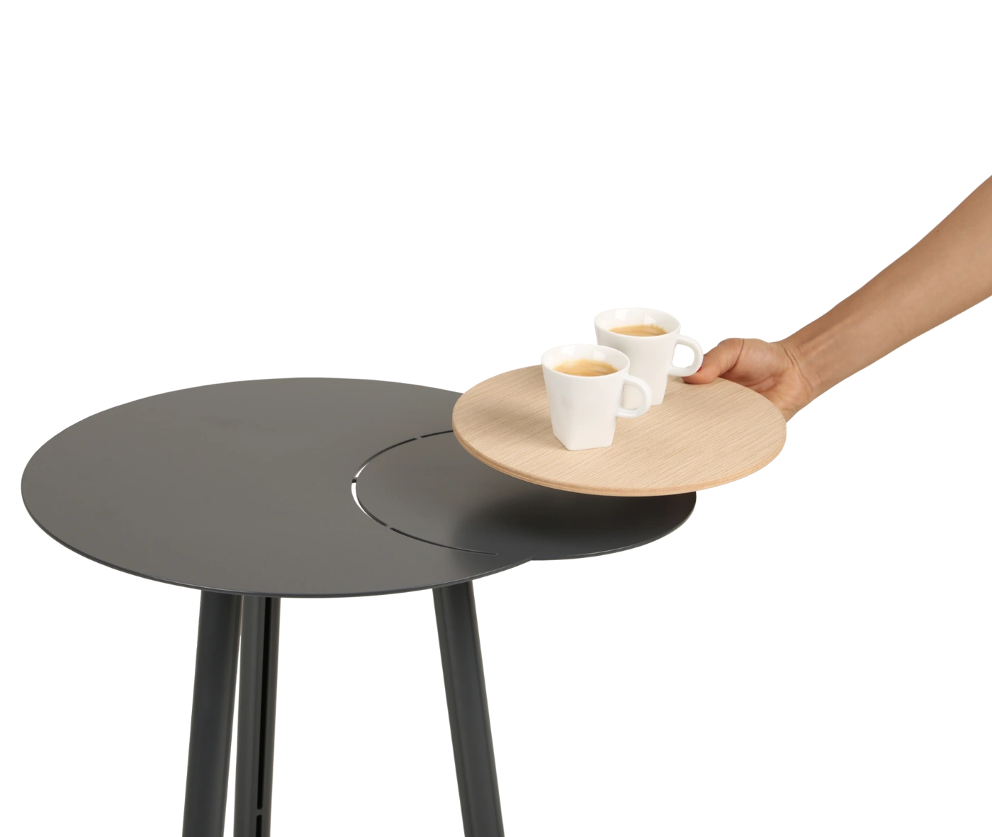 True Cloud side table, top view with a dark gray round tabletop and a removable wooden serving tray.