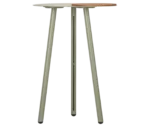 True Cloud high table, small tabletop with round removable timber accent, and slim angled legs.