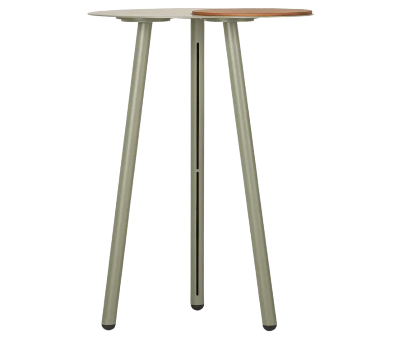 True Cloud high table, small tabletop with round removable timber accent, and slim angled legs.