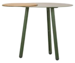 True Cloud round table, front view, green finish, with removable timber accent, and slim angled legs.