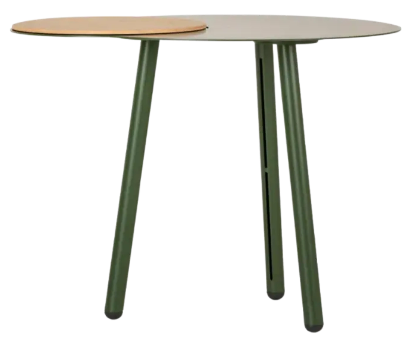 True Cloud round table, front view, green finish, with removable timber accent, and slim angled legs.