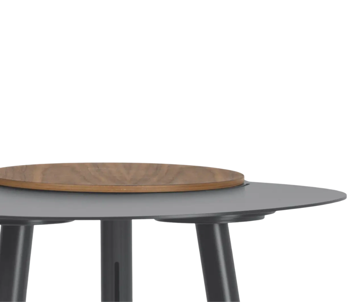 Close-up view of True Cloud side table, with a dark round tabletop and a removable wooden serving tray.