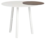 True Cloud round table with a white tabletop, a removable timber accent, and slim angled legs.