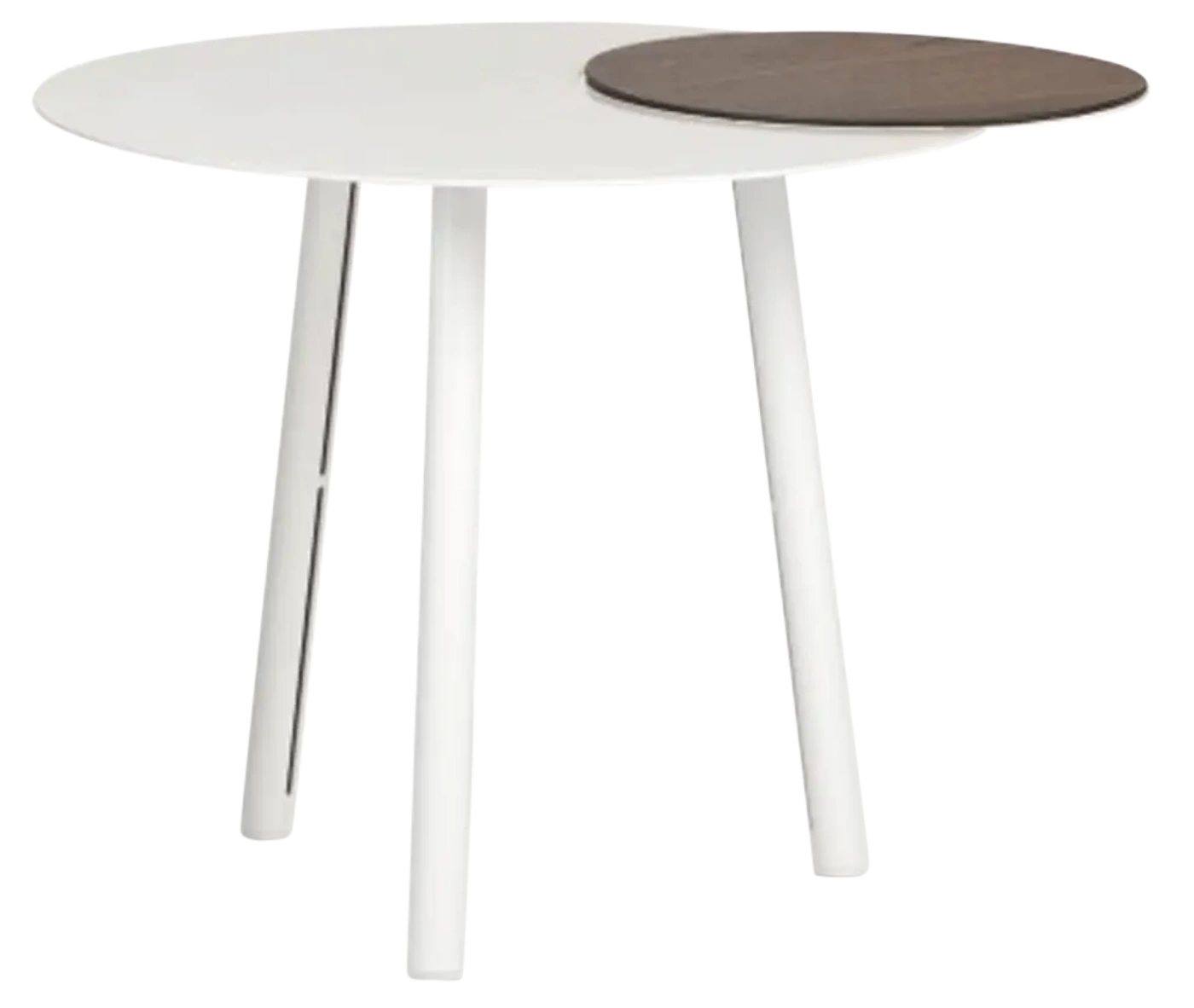 True Cloud round table with a white tabletop, a removable timber accent, and slim angled legs.