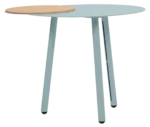 True Cloud round table, front view, with a light blue finish, a light timber removable accent, and slim angled legs.