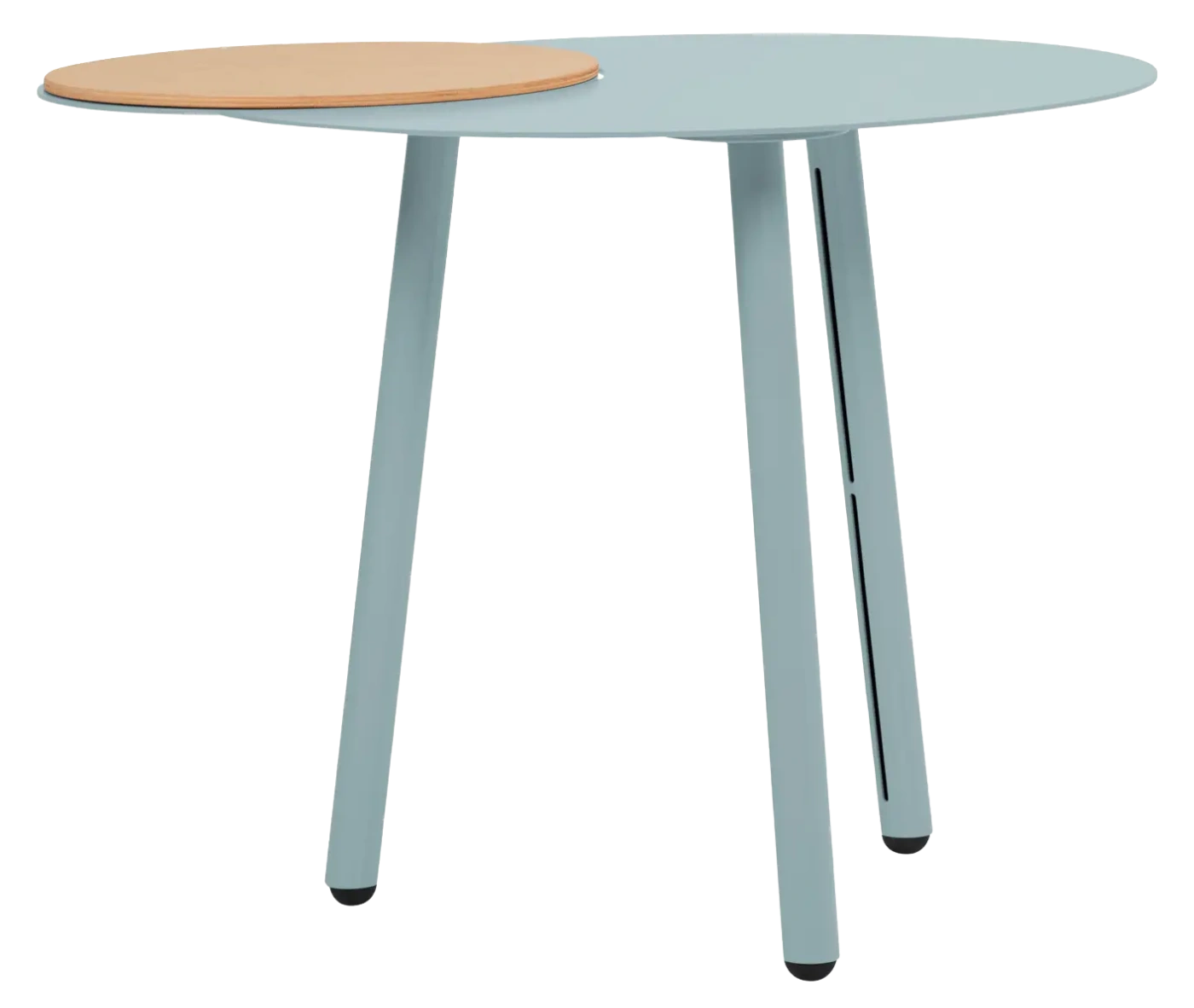 True Cloud round table, front view, with a light blue finish, a light timber removable accent, and slim angled legs.