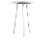 True Cloud high table with a white finish, round removable timber accent, and slim angled legs.