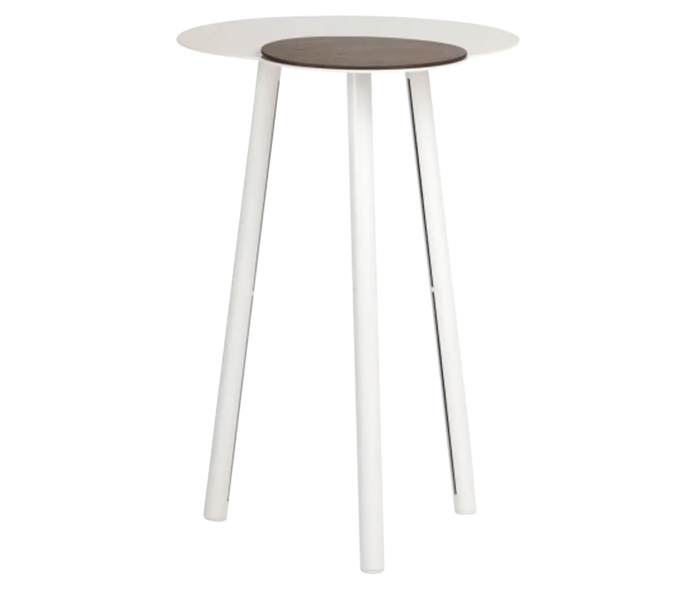 True Cloud high table with a white finish, round removable timber accent, and slim angled legs.
