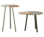 True Cloud round coffee table and bar-height table with removable timber accents and slim angled legs.