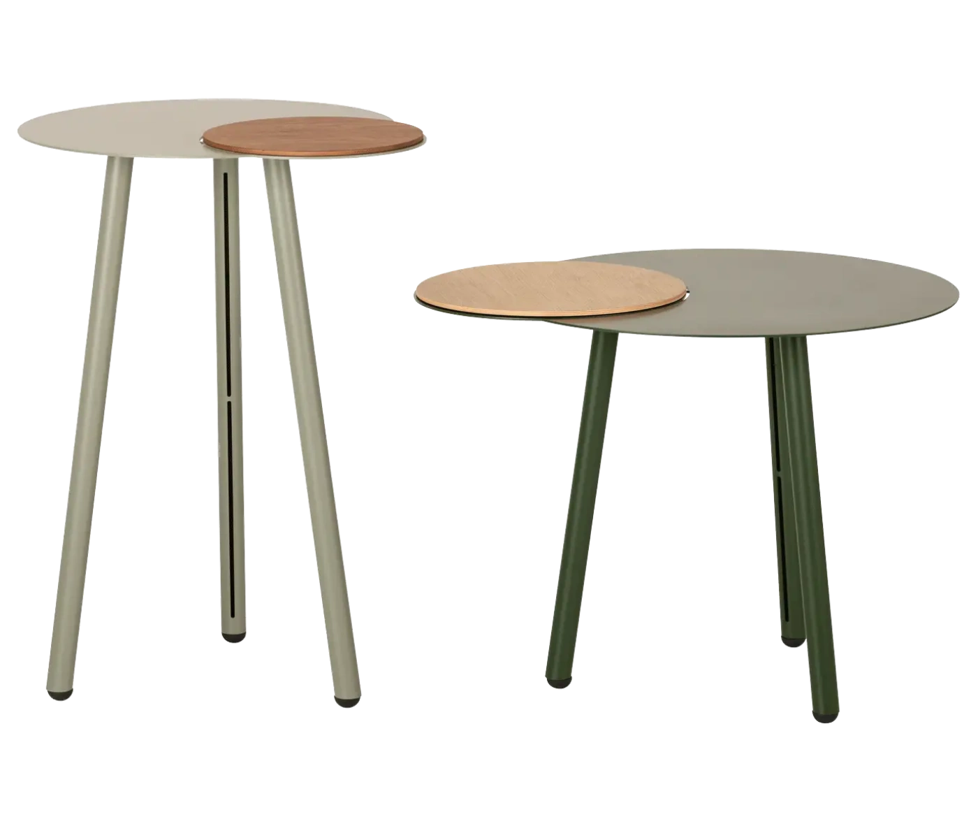 True Cloud round coffee table and bar-height table with removable timber accents and slim angled legs.