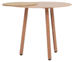True Cloud round table, front view, light sand finish, with removable timber accent, and slim angled legs.