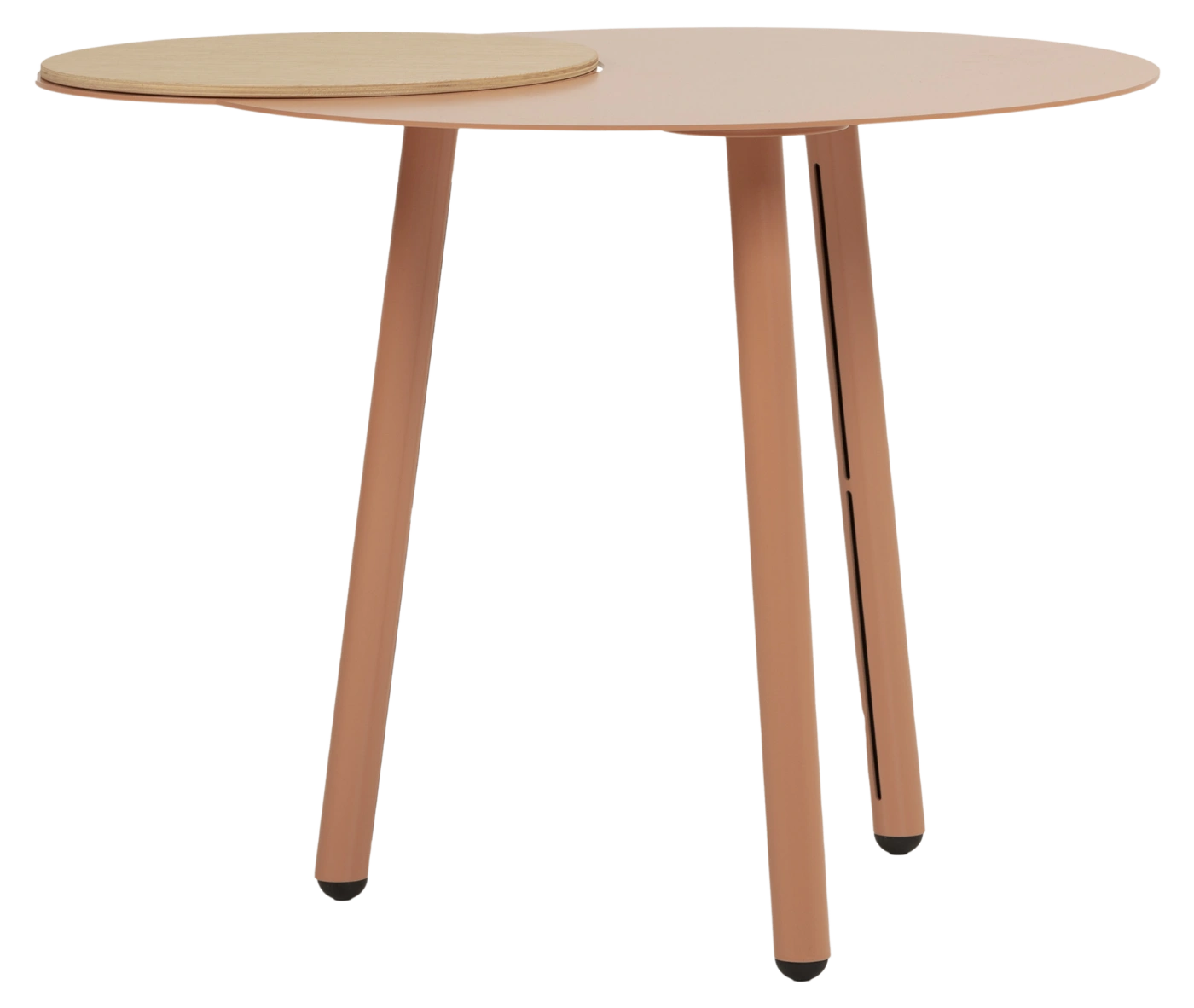 True Cloud round table, front view, light sand finish, with removable timber accent, and slim angled legs.