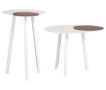 True Cloud round coffee table and bar-height table in white finish with removable timber accents and slim angled legs.