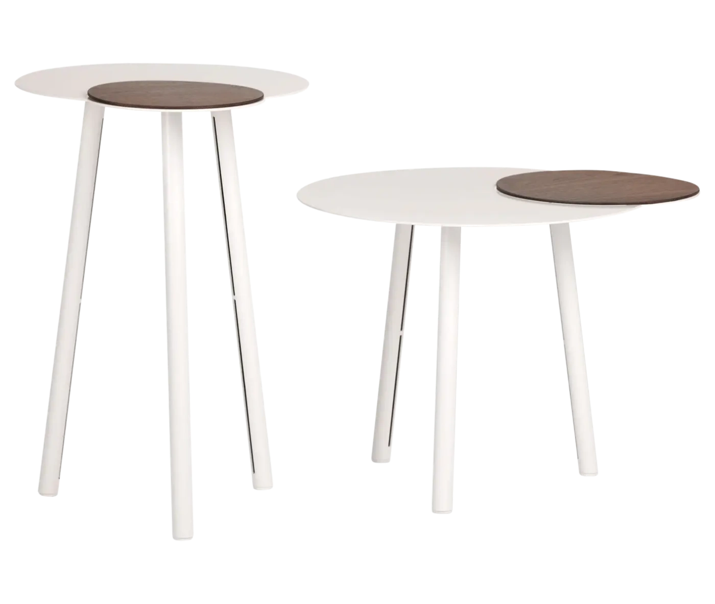 True Cloud round coffee table and bar-height table in white finish with removable timber accents and slim angled legs.