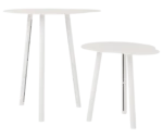 True Cloud round coffee table and bar-height table in white finish and slim angled legs.