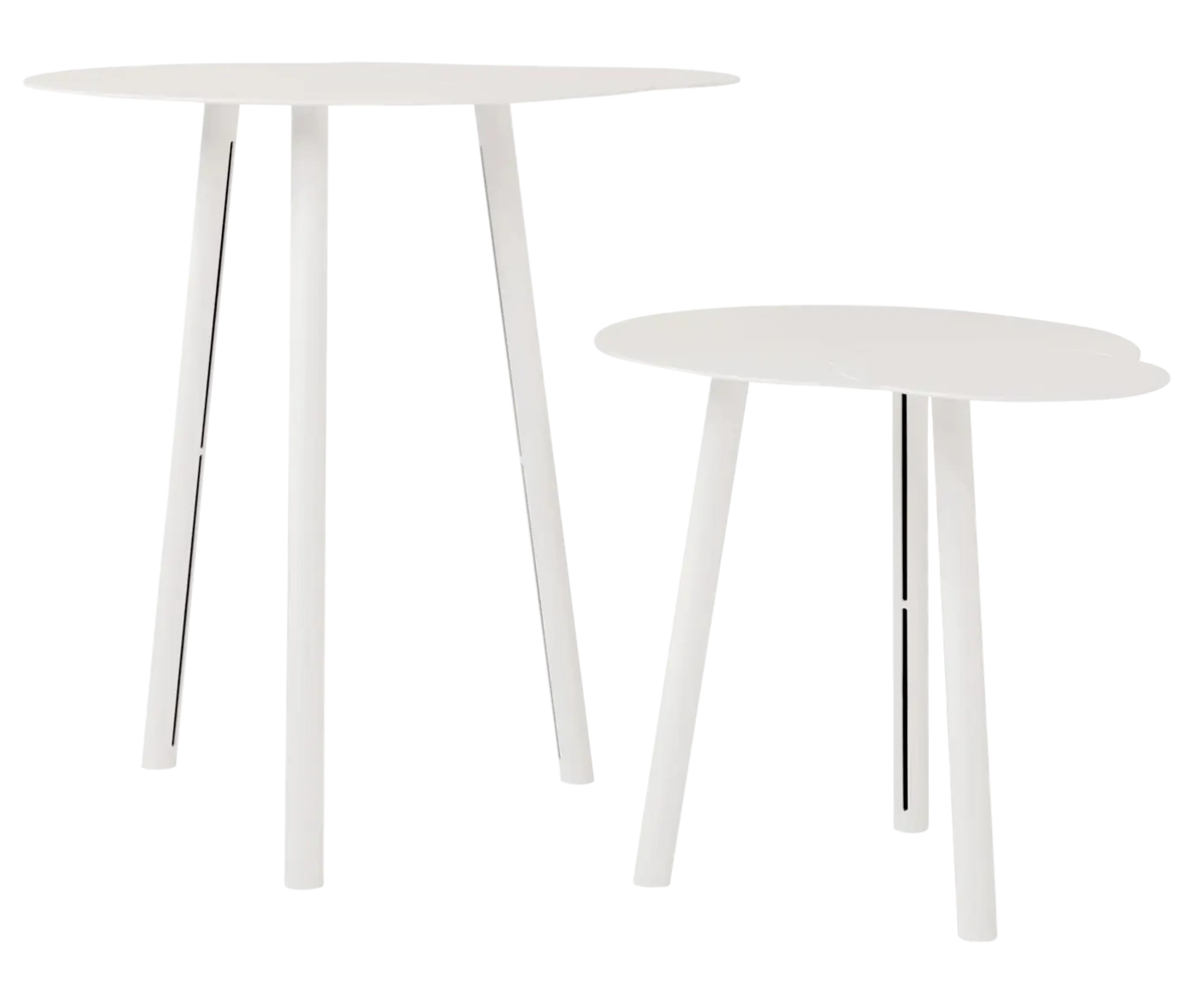 True Cloud round coffee table and bar-height table in white finish and slim angled legs.