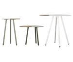 True Cloud round tables in different sizes with removable timber trays and slim angled legs.