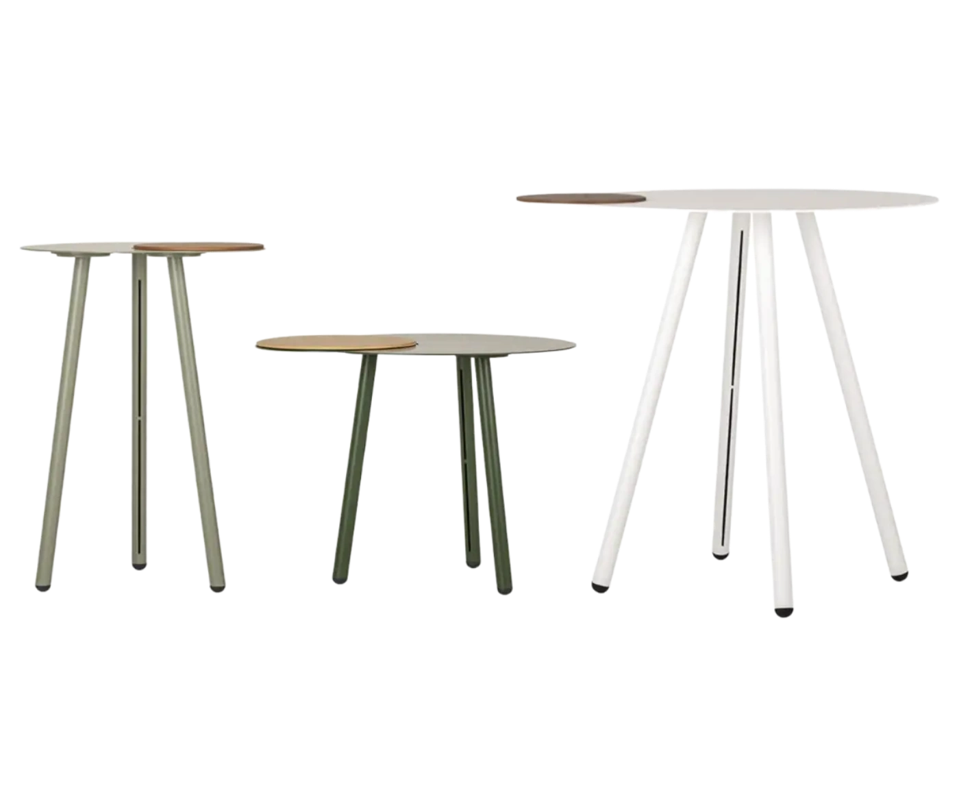 True Cloud round tables in different sizes with removable timber trays and slim angled legs.