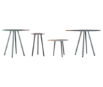 True Cloud round tables, lined up in different sizes with removable timber trays and slim angled legs.