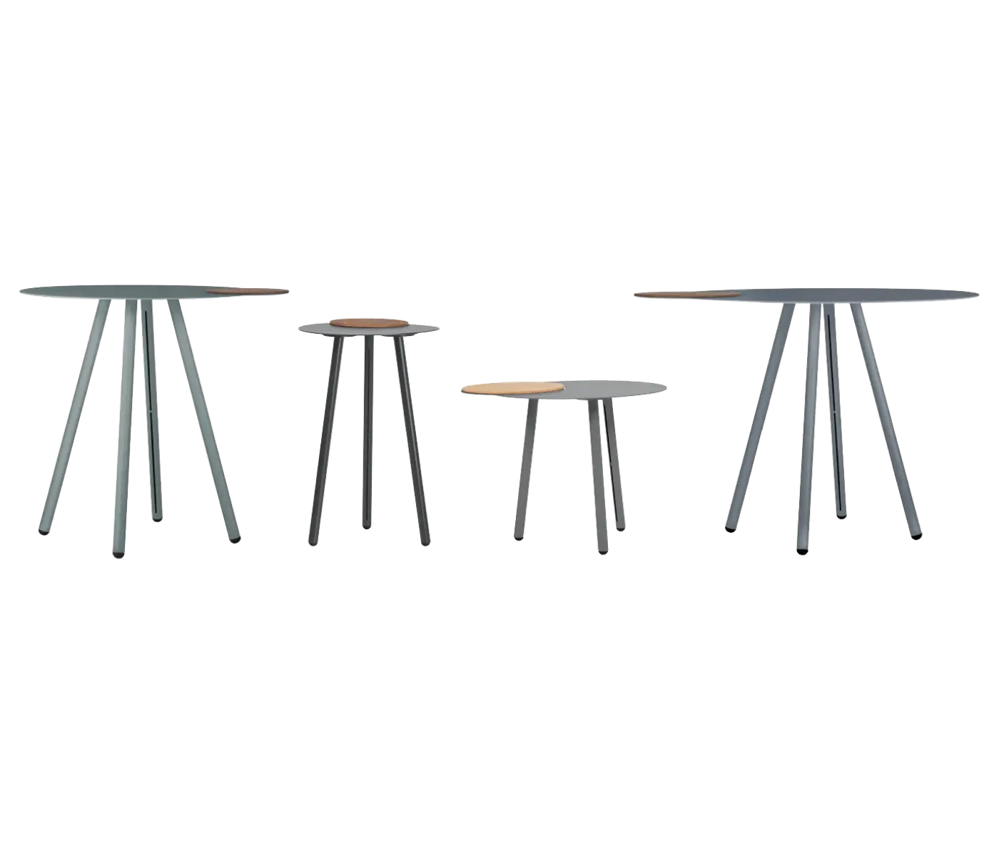 True Cloud round tables, lined up in different sizes with removable timber trays and slim angled legs.