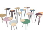 True Cloud round tables in different sizes and finishes with removable timber trays and slim angled legs.