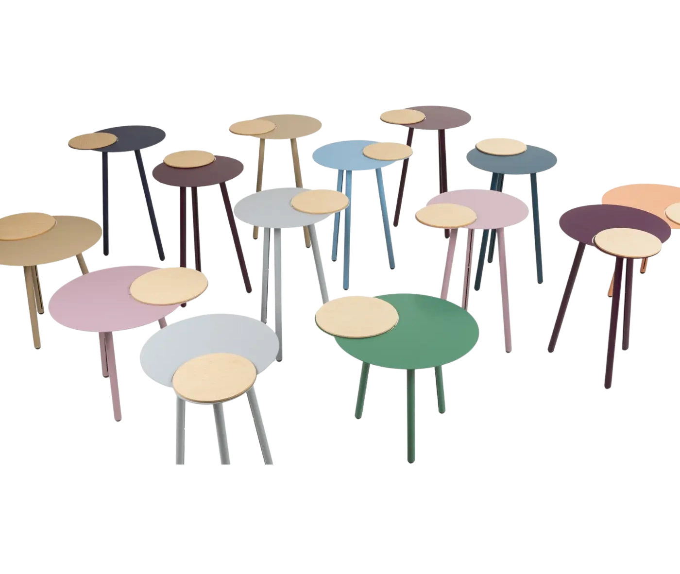 True Cloud round tables in different sizes and finishes with removable timber trays and slim angled legs.