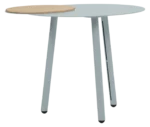 True Cloud round table, top view, light blue finish, with removable timber accent, and slim angled legs.