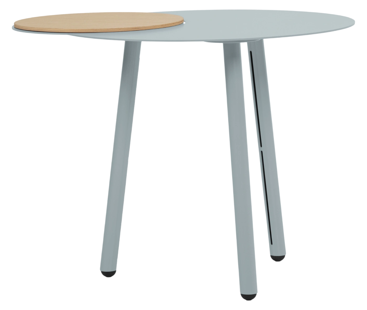 True Cloud round table, top view, light blue finish, with removable timber accent, and slim angled legs.