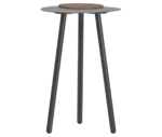 True Cloud high table with a dark gray finish, round removable timber accent, and slim angled legs.