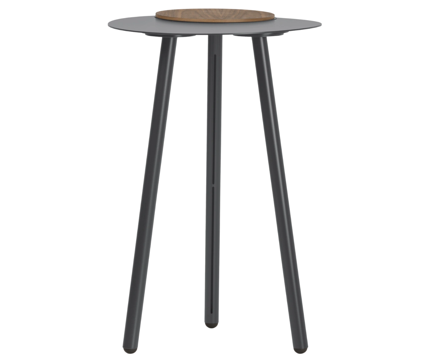 True Cloud high table with a dark gray finish, round removable timber accent, and slim angled legs.